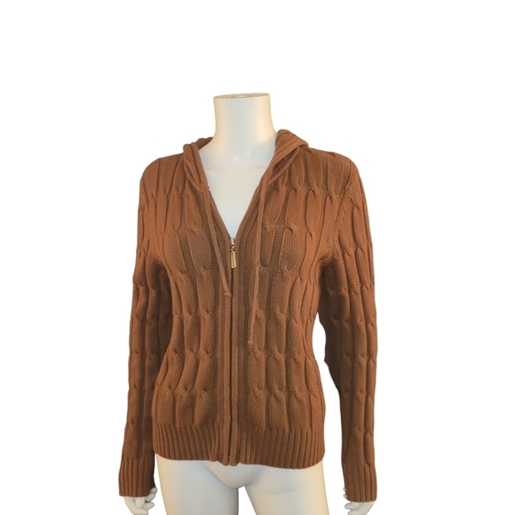 INC Sweater Zip Up and Hood Brown Cable L - Picture 1 of 3